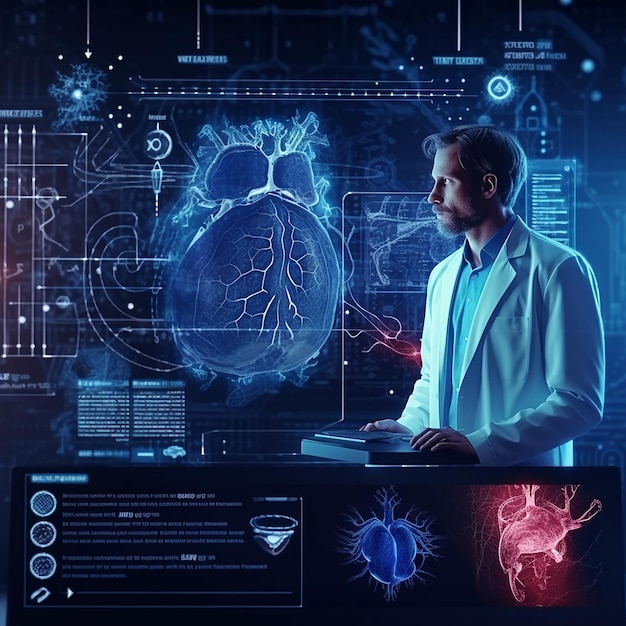 A man in a lab coat stands in front of a screen that says heart.