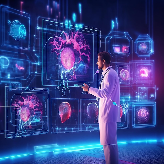 A man in a lab coat stands in front of a wall with a heart and a monitor with the words heart on it.