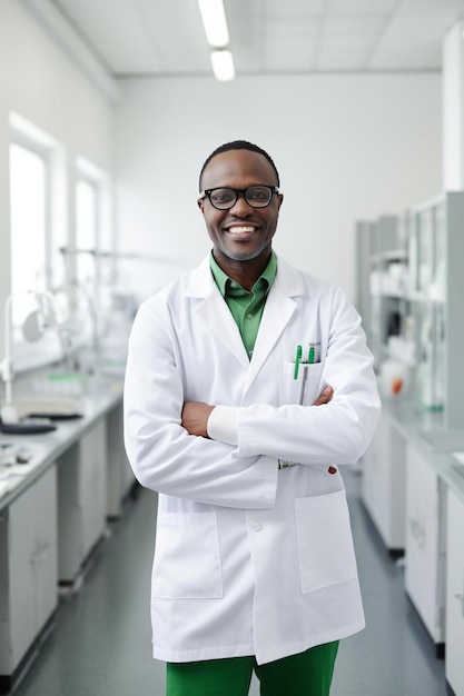 Photo a man in a lab coat stands in a lab with his arms crossed