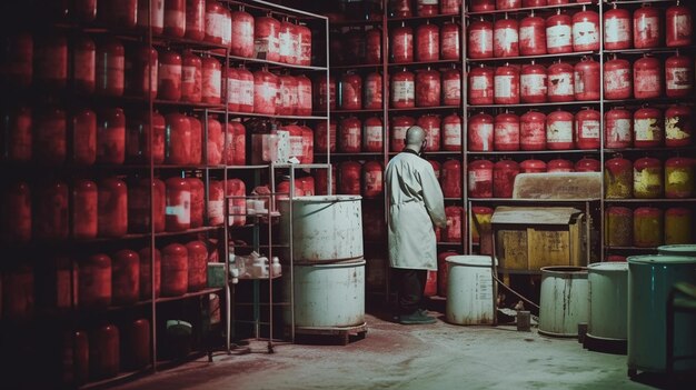 Foto un uomo in camice da laboratorio si trova in un magazzino con contenitori rossi e un uomo in camice bianco.