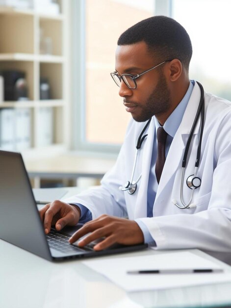 Photo a man in a lab coat using a laptop computer