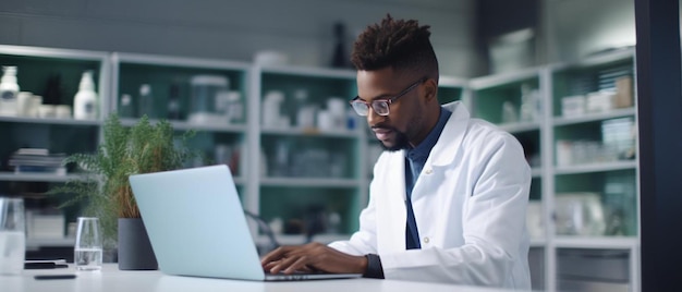Photo a man in a lab coat using a laptop