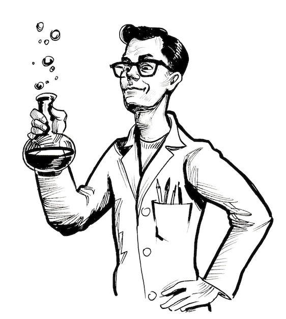 A man in a lab coat with a flask in his hand.