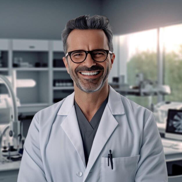 A man in a lab coat with a smile on his face.