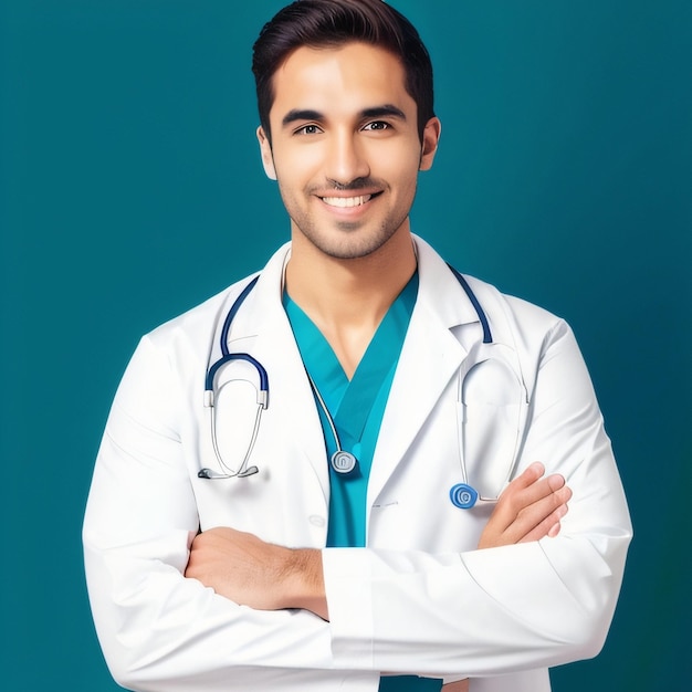 A man in a lab coat with a stethoscope on his chest stands with his arms crossed.