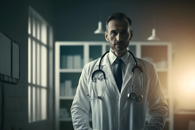 A man in a lab coat with a stethoscope on his neck stands in a dark room.