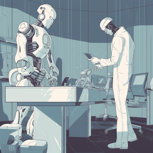 Photo a man in a lab with a robot on the left hand.