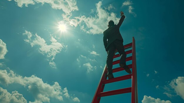 Photo man on ladder reaching sky