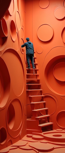 a man on a ladder that says  the word  on the top