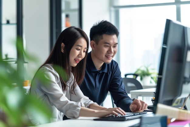 Man and a lady without facial expressions sitting on a computer desk at work in a bright office