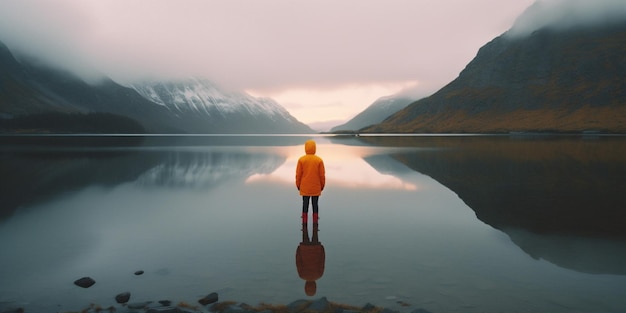 Foto l'uomo lago capo natura gialla acqua montagna da solo indietro escursioni viaggi generativa ai