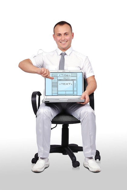 Man and laptop with template web page