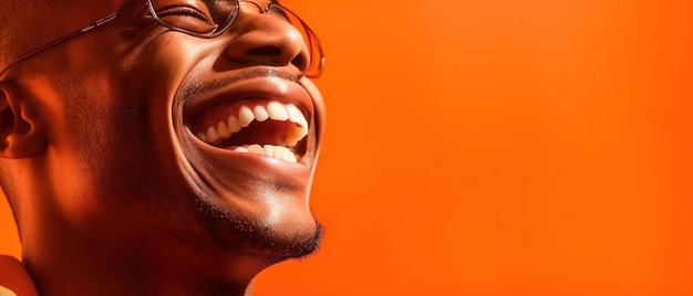 Мужчина смеется в оранжевой студии крупным планом