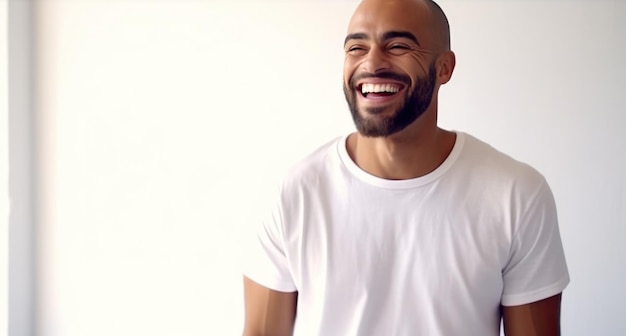 Foto uomo che ride sorridendo mentre indossa una maglietta bianca