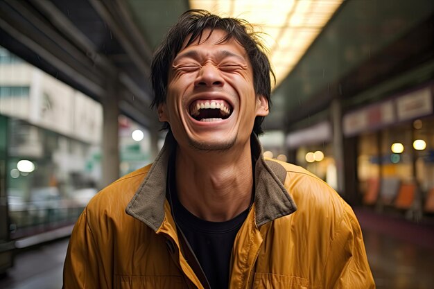 a man laughing with his eyes closed
