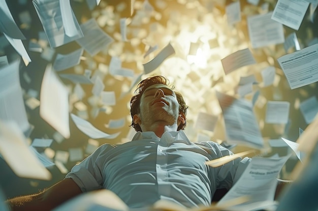 Man Laying on Bed Surrounded by Papers