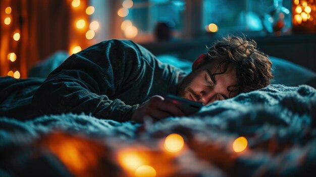 A Man Laying in Bed Using His Cell Phone