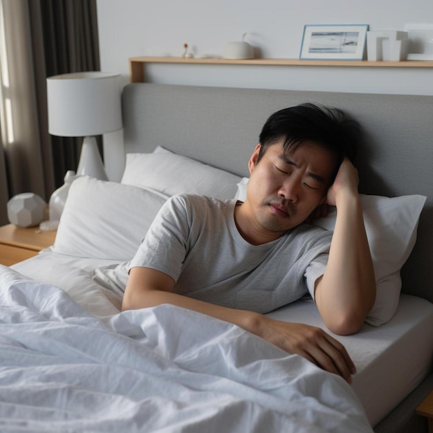 a man laying in bed with his eyes closed