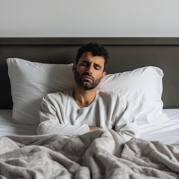 a man laying in bed with his eyes closed