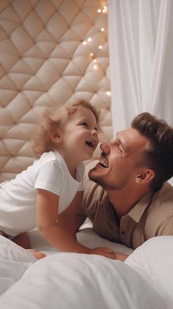 a man laying on a bed with a little girl