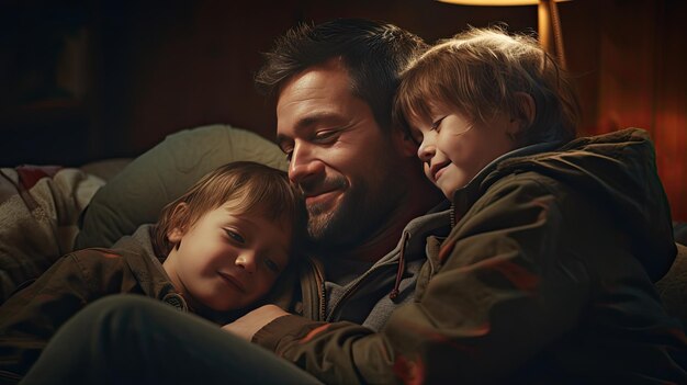 Man Laying in Bed With Two Little Girls Peaceful Family Moment at Home Father Day