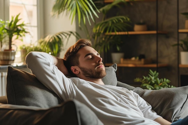 a man laying on a couch with his eyes closed