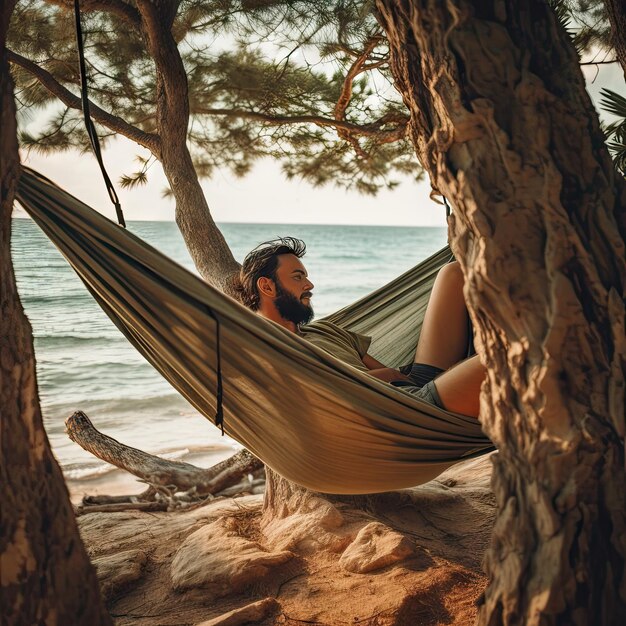 Photo a man laying in a hammol on the beach with his feet propped up and resting in a hamm hammol