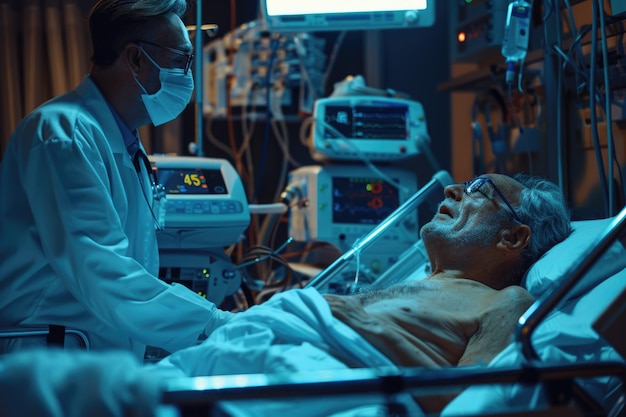 Foto un uomo sdraiato in un letto d'ospedale con un'infermiera adatto a concetti medici e sanitari