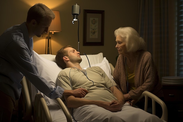 Photo a man laying in a hospital bed next to a woman