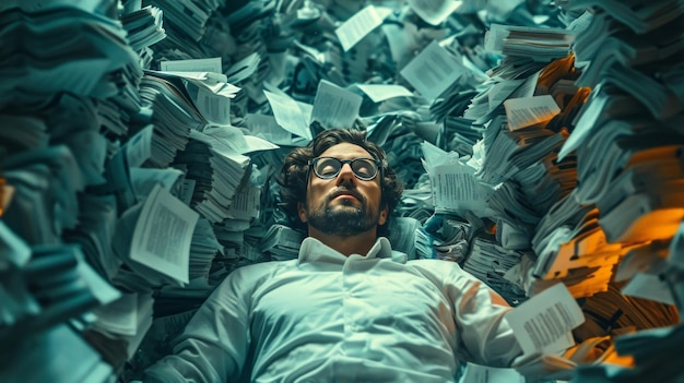 Photo a man laying in a pile of papers with the word  on it