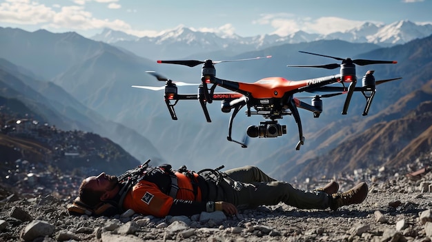 Photo man laying next to red and black remote controlled airplane