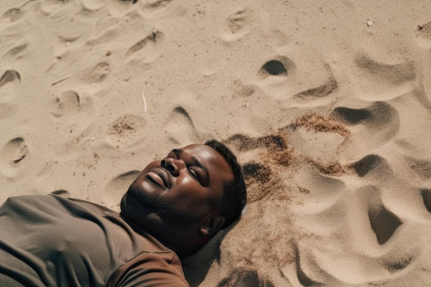 A man laying on the sand