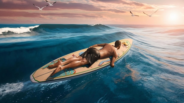 Man laying on surfboard top view