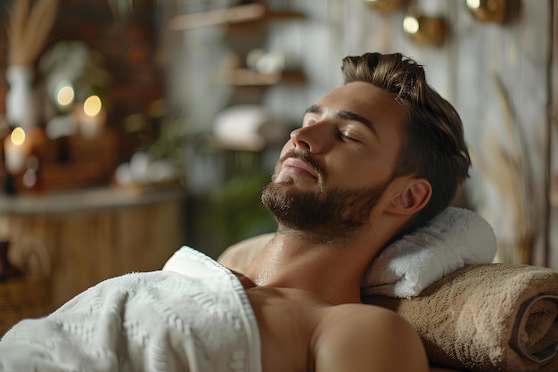 Photo a man laying on a towel in a room with a towel on his back and a towel on his shoulder a stock