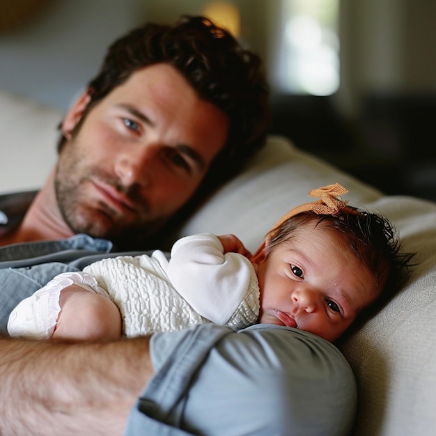 Man lays on the couch with a newborn baby next to him