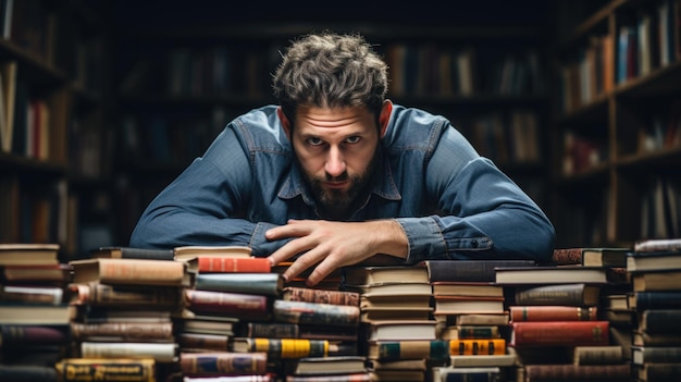 A man leaning over a pile of books ai