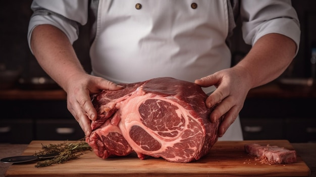 A man in a leather apron holds a piece of raw meat