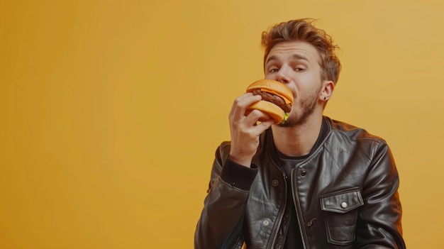 Photo man in leather jacket eating hamburger