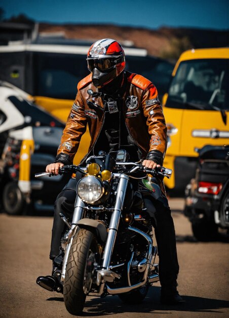 a man in a leather jacket is riding a motorcycle