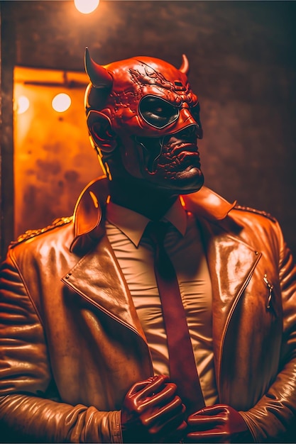 A man in a leather jacket and a red mask stands in front of a lit up wall