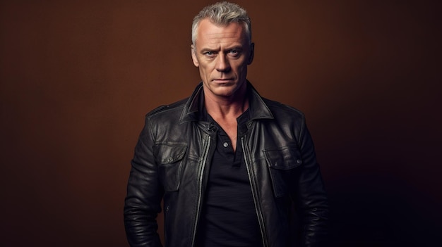 A man in a leather jacket stands in front of a brown background.