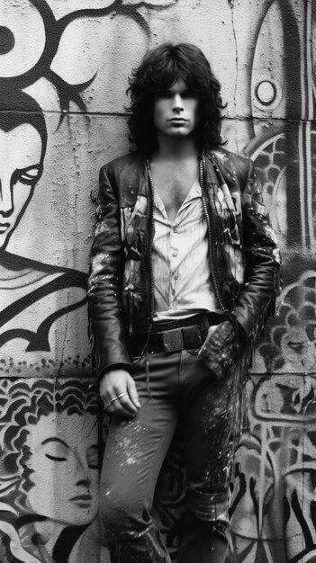 Foto un uomo con una giacca di pelle si trova di fronte a un muro di graffiti.