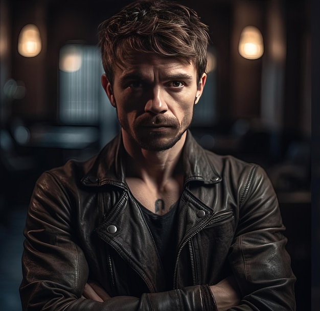 Photo a man in a leather jacket stands in front of lights