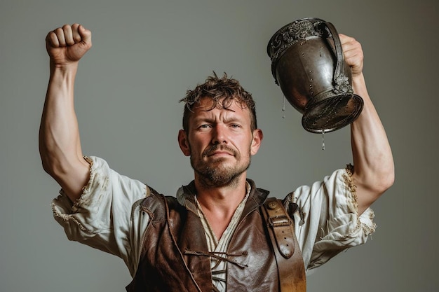 a man in a leather vest holding a bucket