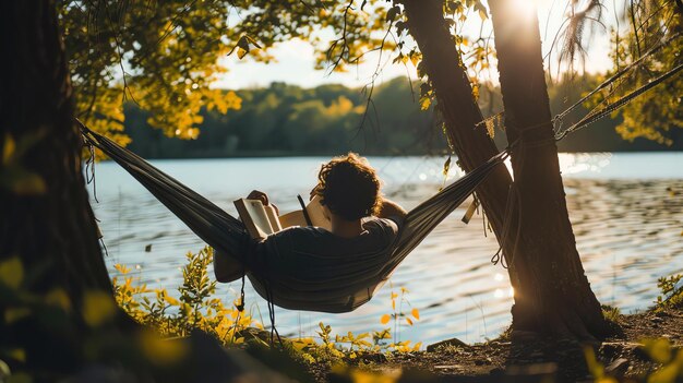 Man leest een boek terwijl hij in een hangmat ligt de hangmat hangt tussen twee bomen bij het meer de zon schijnt door de bomen