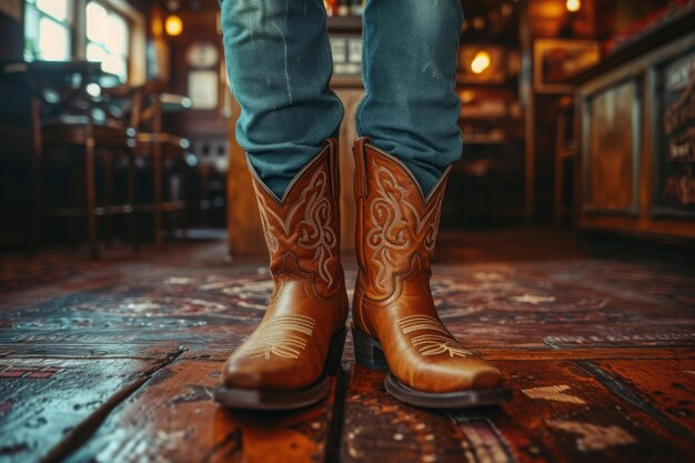 Foto gambe d'uomo con stivali da cowboy in un saloon occidentale