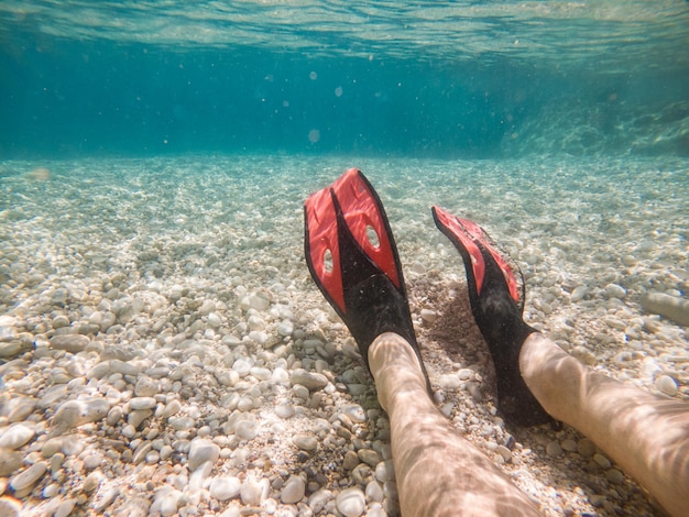 Man legs in flippers underwater copy space summer vacation