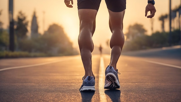 A man legs running on a road close up a running track