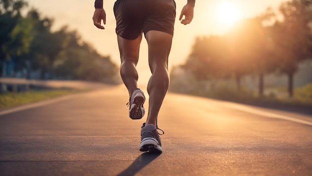 A man legs running on a road close up a running track