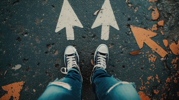 Foto gambe di uomo in scarpe da ginnastica in piedi sulla strada con tre scelte di freccia direzione sinistra destra o andare avanti